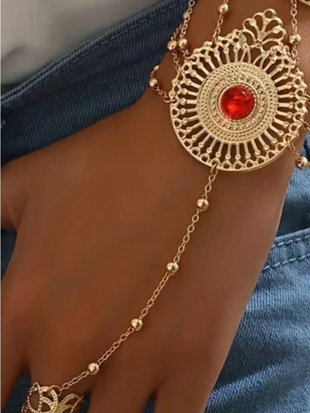 💎 HOST Pick💎 Golden Filigree Hand Chain Bracelet with Red Gem 💎 - Picture 6 of 6